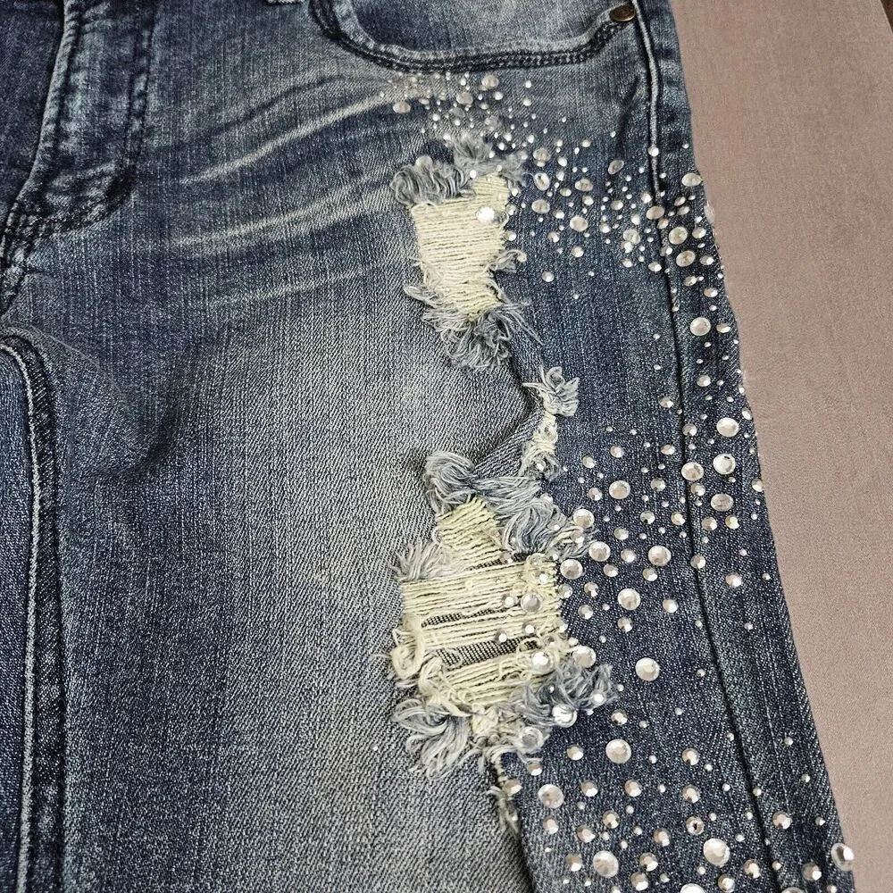 Machine Nouvelle Mode Jeans Size 15 Stretch Straight Leg Blue Distress Bling Y2K - Picture 9 of 12